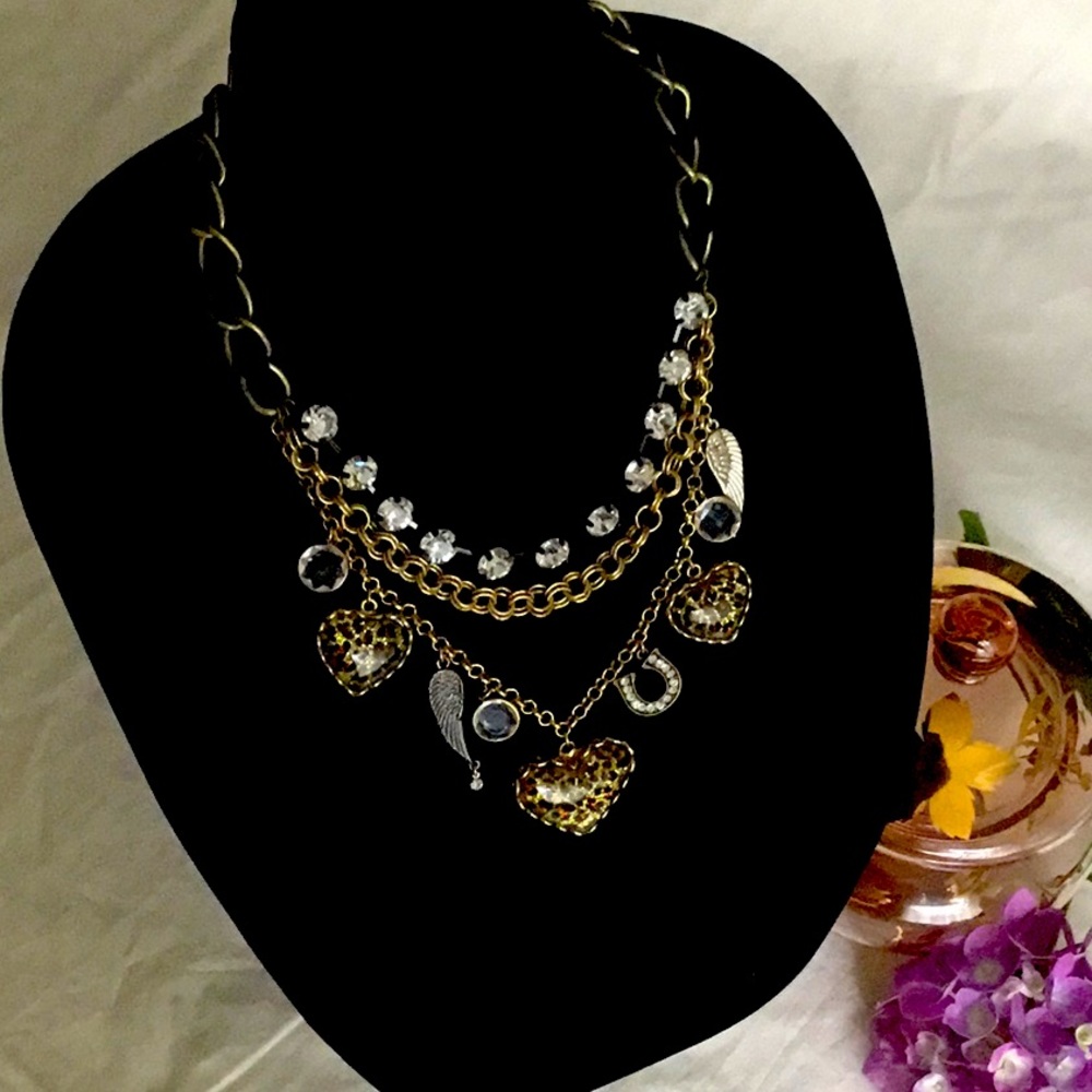 Betsy Johnson layered leopard heart/charm necklace